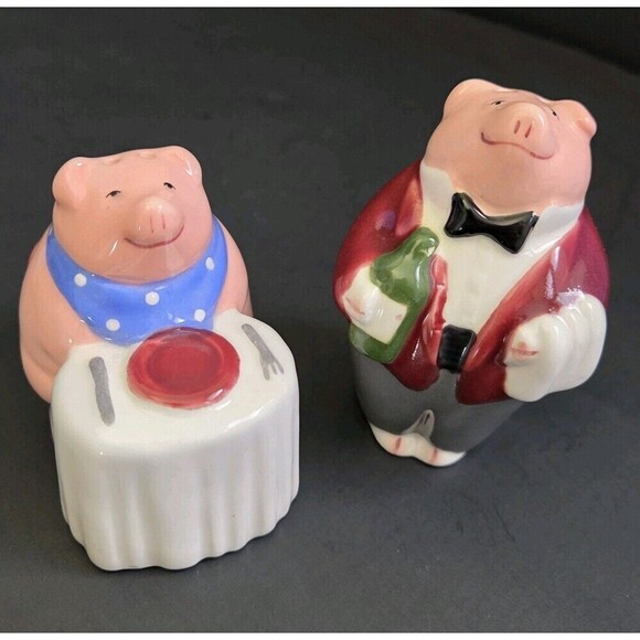 CLAY ART Anthropomorphic Pig Diner & Waiter Adorable Salt & Pepper Shaker Set - Picture 2 of 13